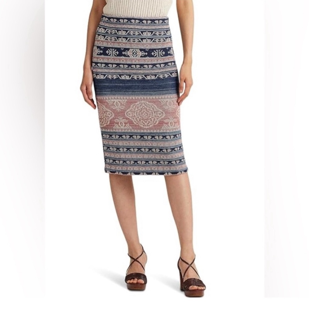 Ralph Lauren Geo-Motif Linen-Cotton Pencil Skirt Size Large NWT